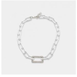 WHITE Enamel Rectangular Chainlink Necklace CZ Carabiner bling cubic zirconia